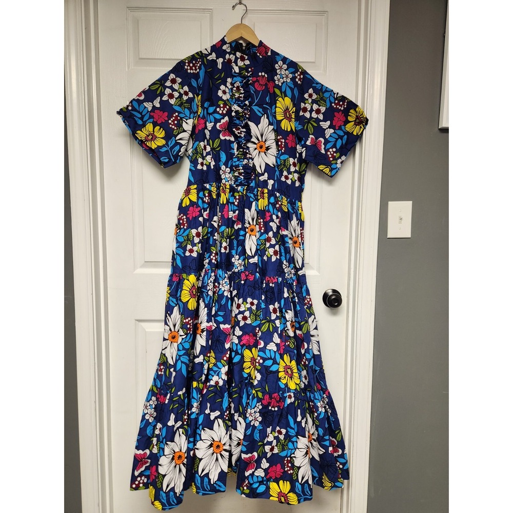 Heritage Clothing Handmade Womens 2XL Blue Long Floral dress w/ short sleeves